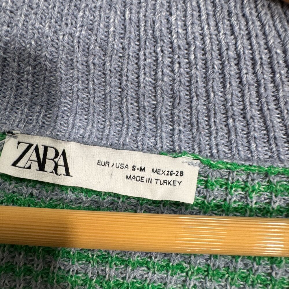 ZARA Knit Green Blue Stripe Sweater Top Short Sleeve Polo Collar Small-Medium - Picture 5 of 6